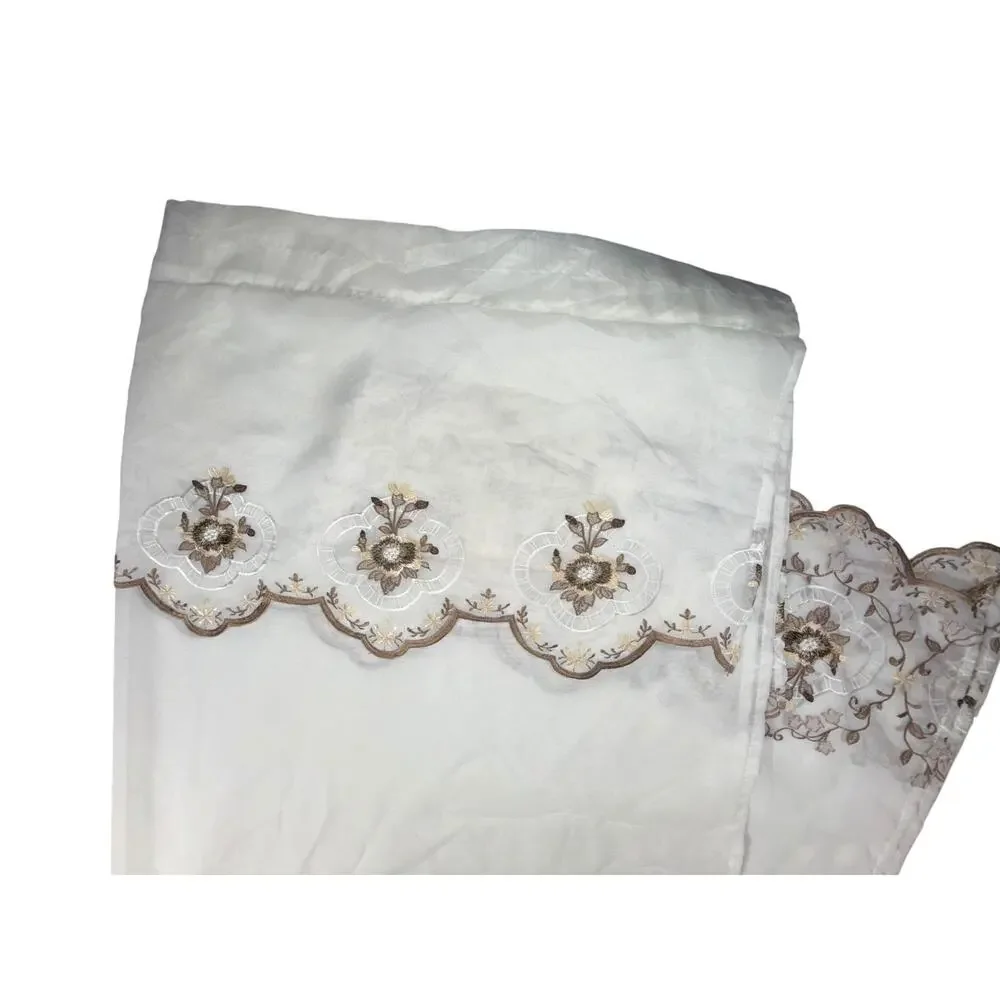 Vintage Set of 4 Embroidered Curtains Panels Drapes White Brown Sheer 86